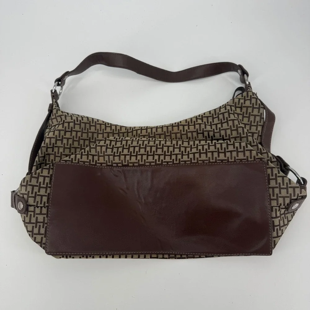Tommy Hilfiger Hobo Bag Womens Large Brown Monogram Jacquard Excellent Slouchy